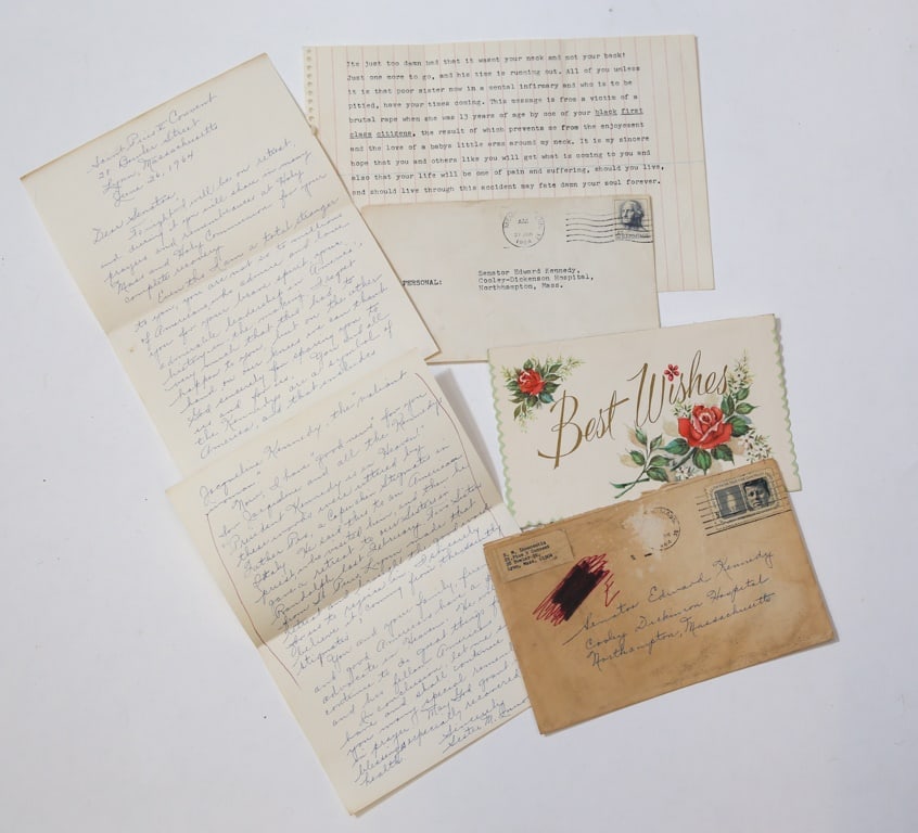 ANONYMOUS MAIL to TED KENNEDY & a SECOND: (2) page 8 x 6 inch single sided notes with envelope and "Best Wishes" card from Sister M. Innocentia to Senator Ted Kennedy after the plane crash, hate mail with envelope from anonymous sender to Sen