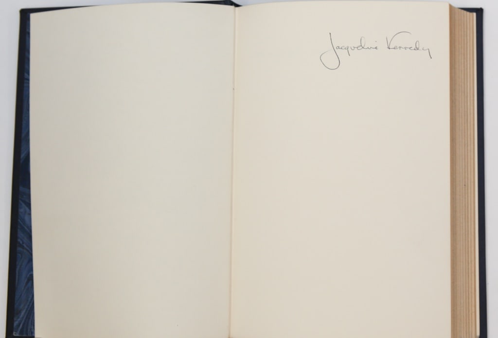 "THE BURDEN and the GLORY" SIGNED by JACKIE: 1964 leather bound slipcased copy of "The Burden and the Glory" by John F. Kennedy, signed by Jackie Kennedy on flyleaf. Provenance: Helen Mary Keyes, who worked many roles for John F. Kennedy, Jackie