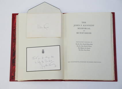 THE JOHN F. KENNEDY MEMORIAL at RUNNYMEDE: (31) Uncut pages total, (19) of which contain the dedicatory remarks by Macmillan, Wilson, the Queen and Rusk. The remainder are left blank. 1/100 copies bound specially for Jackie Kennedy 10 3/4 x 8