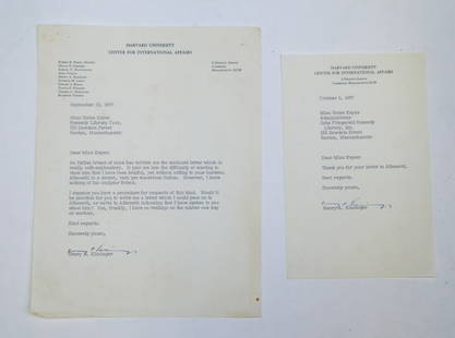 (2) 1967 SIGNED LETTERS from HENRY KISSINGER: 8 1/2 X 11 inch typed letter on Harvard University Center for International Affairs letterhead to Ms. Helen Keyes signed by Henry Kissinger dated September 29th, 1967 and 5 1/2 x 3 1/2 inch note on Ha