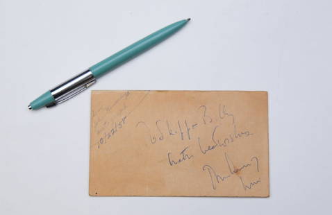 1958 OCTOBER 15, ORIGINAL J.F.K. AUTOGRAPH & PEN: Original autograph for "Skip + Billy" by Senator J.F.K. from his visit to Transitron Electronic Corp. in Wakefield, MA along with the pen he used. N.B. Recipients of autograph misdated J.F.K.'s visit