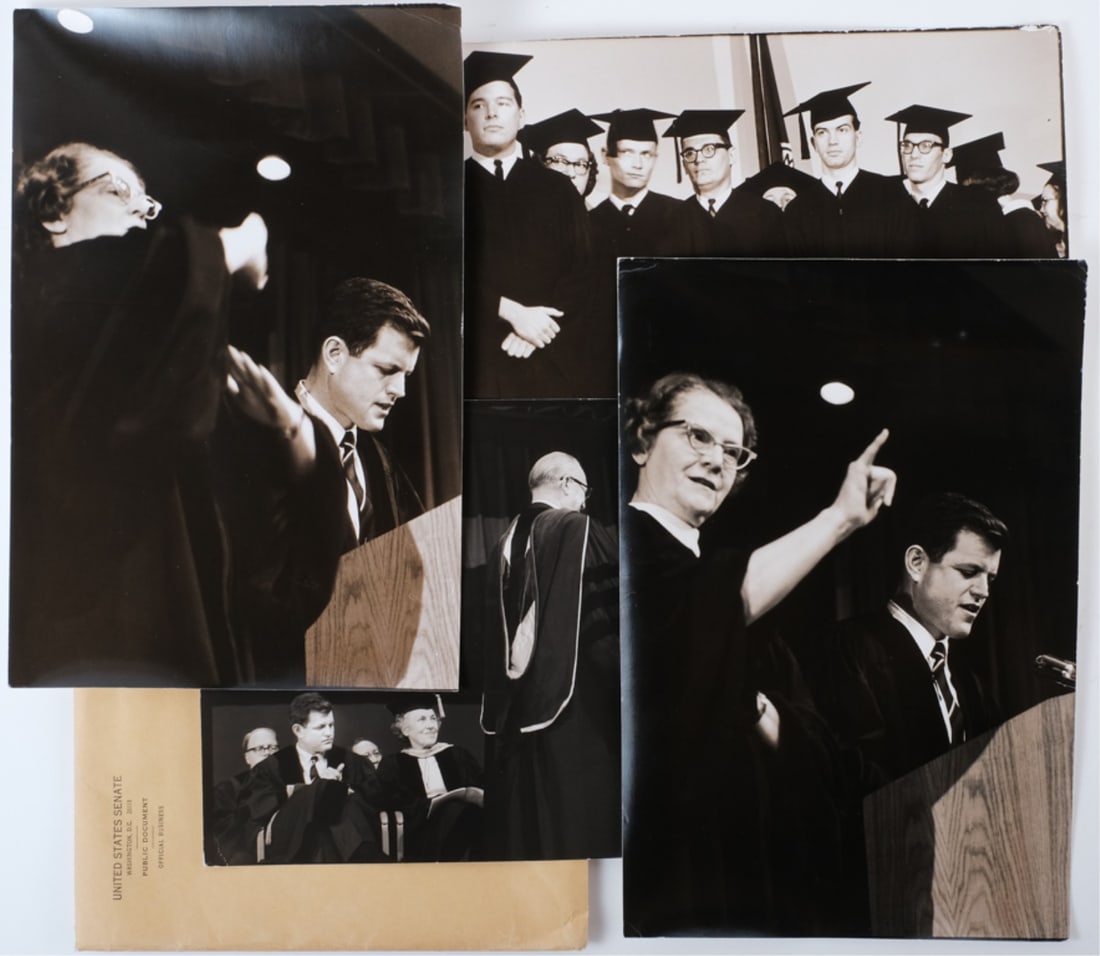 SEN EDWARD KENNEDY at GALLAUDET COLLEGE by LIFE: (4) Photographs of Senator Edward Kennedy (Commencement Speaker) for the 100th Graduation Exercises of Gallaudet College on June 8, 1964. Life Magazine photo by F. Miller developed 6/9/64. 13 x 8 1/2