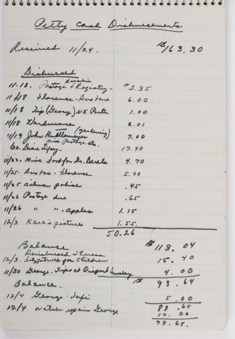 SEN. EDWARD M. KENNEDY'S & JOAN'S PETTY CASH BOOK: Stenography pad mostly in Rosalie's hand accounting for tips, shipping, parties, Kara's school supplies, car fare etc/. Dating from 1969 to 1978 Provenance: Rosalie Helm longtime assistant to Edward M