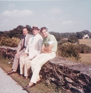 HUGH D. AUCHINCLOSS' 70th BIRTHDAY with FAMILY: (3) Color photographs taken with Hugh and Janet Auchincloss seated on stone wall, (2) similar photographs of Hugh with Yusha and Lewis Polk Rutherford (Janet Jrs. husband) and (1) of Hugh seated with