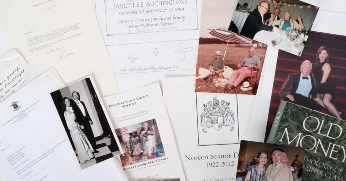 YUSHA AUCHINCLOSS, DESCENDENTS & EXTENDED FAMILY: (Over 30) Photographs of Yusha with friends, children and grandchildren, parties, in costumes, in front of the "Windmill", abroad, Miss Connecticut etc. Letter from Nancy to Yusha concerning tombstone