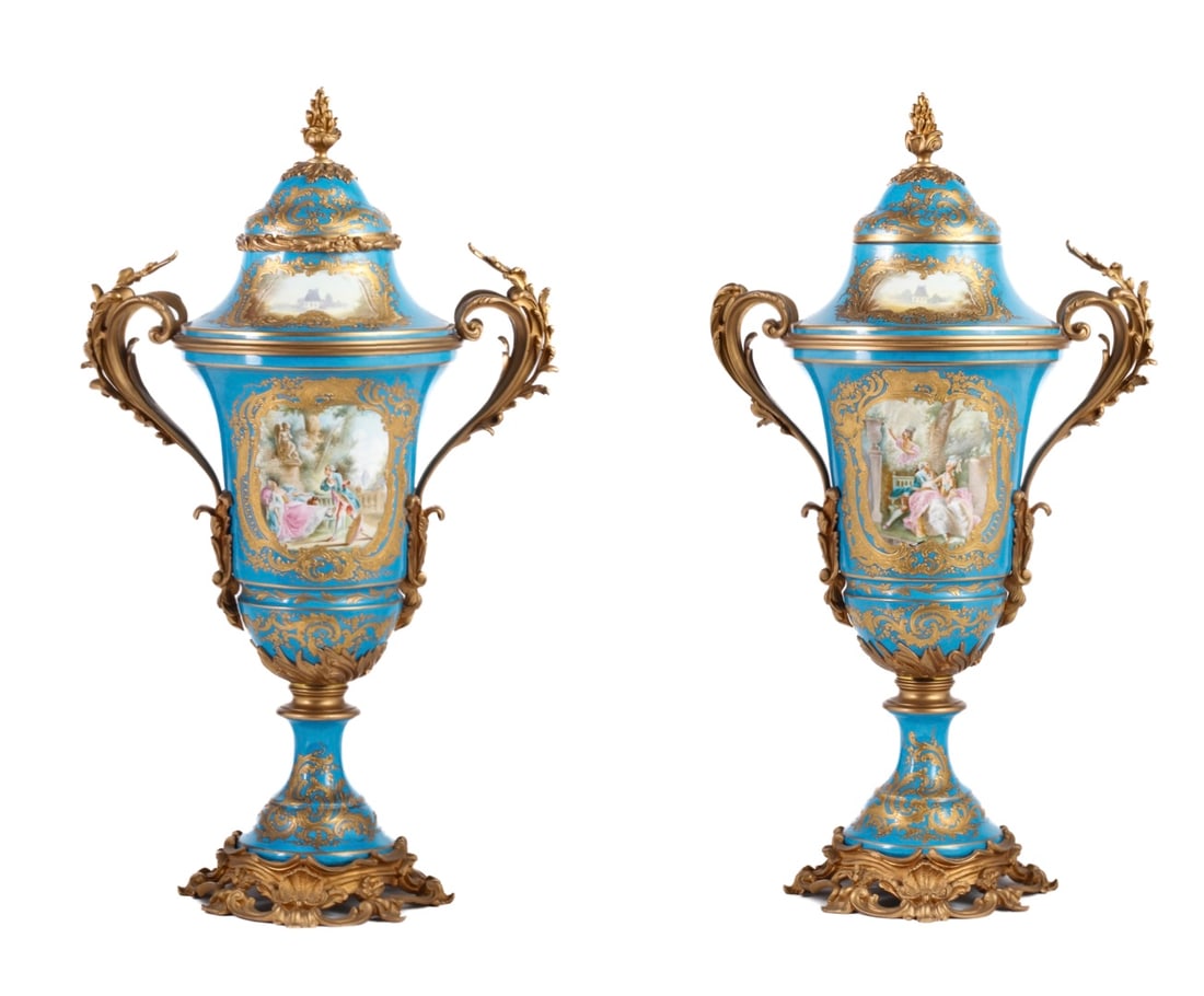 PAIR (19th c) FRENCH SEVRES-STYLE PORCELAIN URNS (1 of 18)