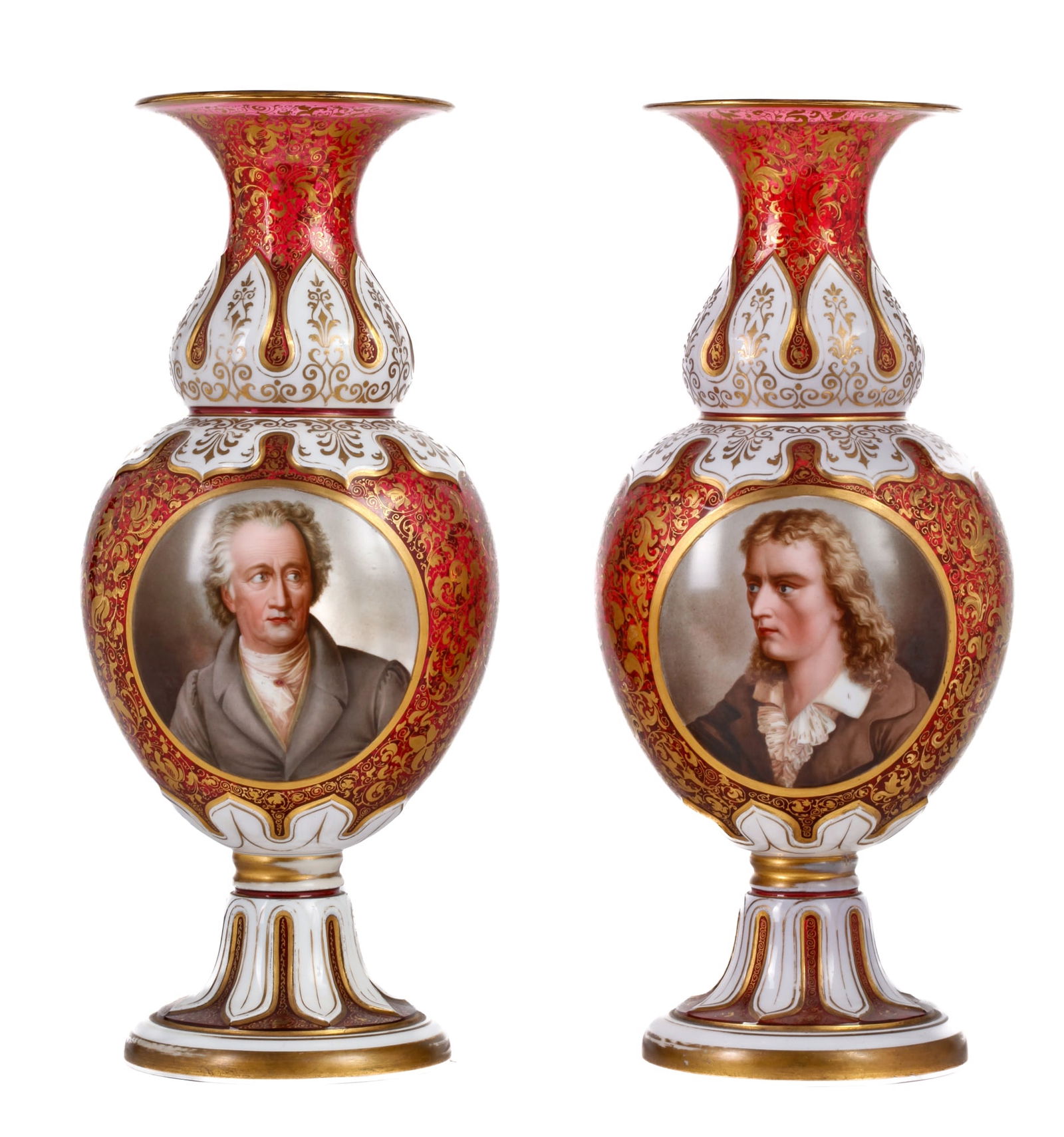 PAIR of (19th c) MOSER CUT OVERLAY PORTRAIT VASES (1 of 11)