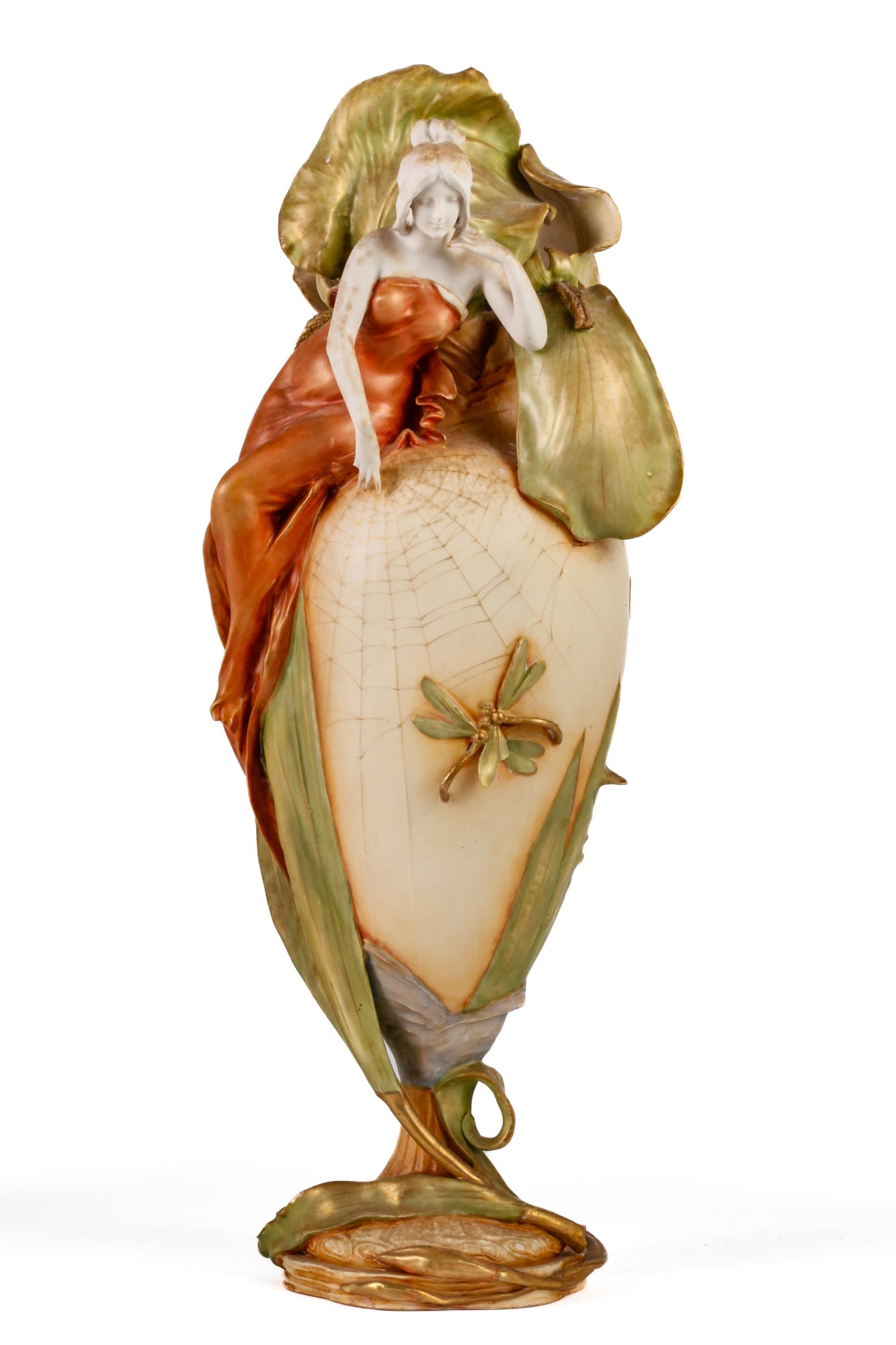 AMPHORA TEPLITZ PORCELAIN LAMP: With spider web design and (2) dragonflies. Woman seated at top with iris growing on reverse. 21 1/2" tall