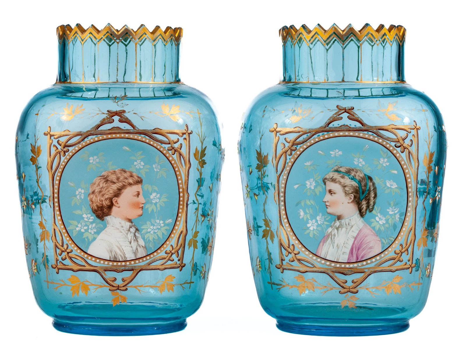 PAIR of (19th c) BLUE ENAMELED GLASS PORTRAIT: VASES Each vase with a painted medallion of a woman on the front surrounded by floral sprays and gilt accents. 7 3/4" tall