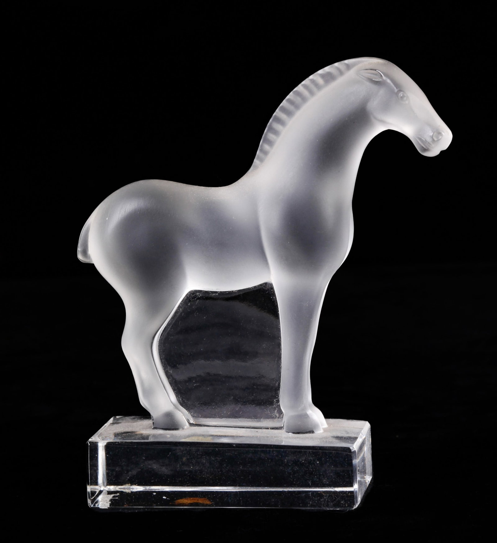 LALIQUE FROSTED CRYSTAL HORSE FIGURINE: Signed. 4 x 3 1/2 1 1/2 inches