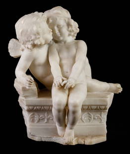 GUGLIELMO PUGI (1850-1915) MARBLE SCULPTURE: "Cupid and Young Girl" marble 17 x 14 x 10 inches. signed.