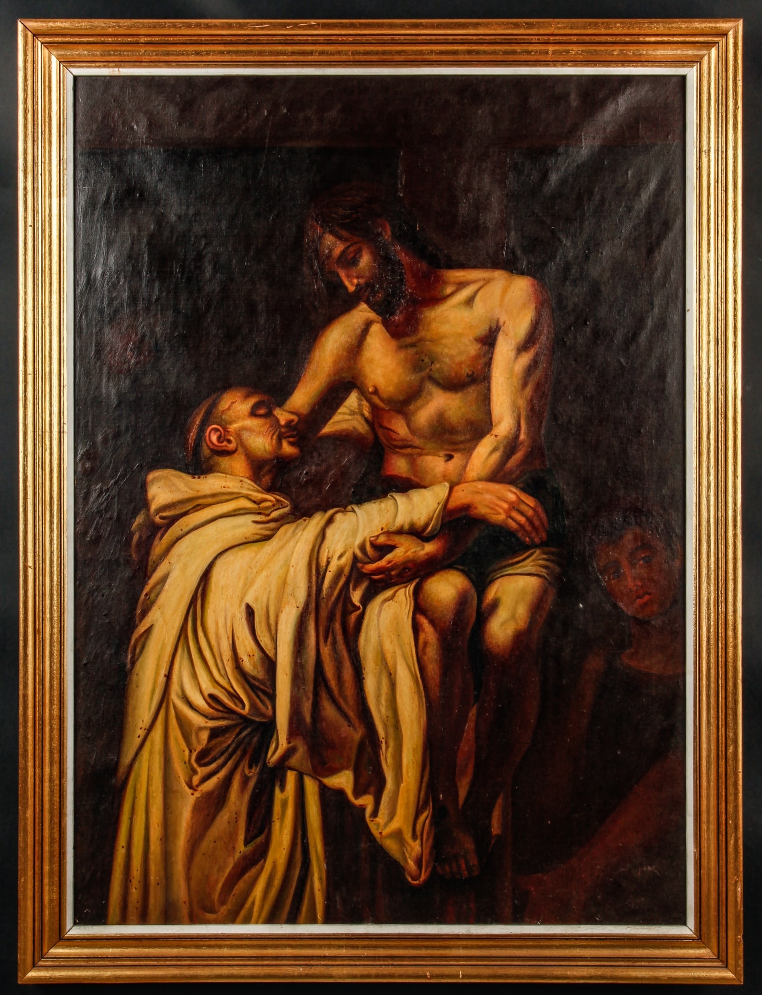 AFTER FRANCISCO RIBALTA (1565-1628): (20th c) "Christ Embracing St. Bernard" oil on canvas 46 x 33 inches. framed 50 1/2 x 38 inches (overall)