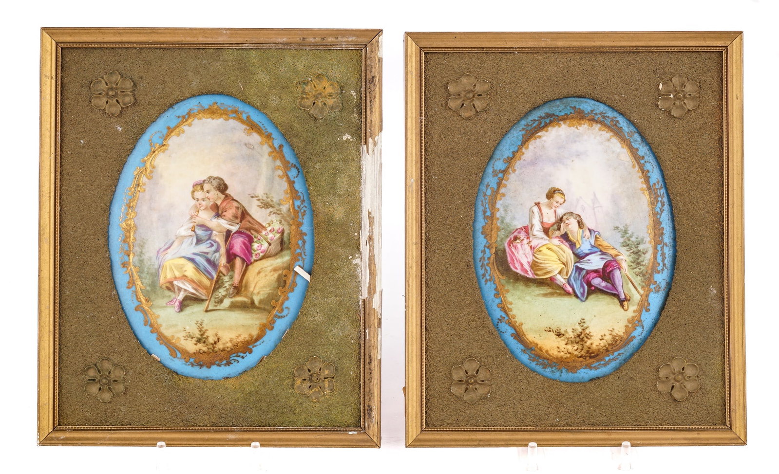 (2) EUROPEAN PORCELAIN PLAQUES w/ ROMANTIC SCENES: 7 x 5 inches. unsigned. framed 10 x 8 inches (overall)