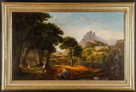 AFTER THOMAS COLE (1801-1848): "Dream of Acadia" oil on canvas 26 x 42 inches. unsigned. presented in a custom carved and silver gilt frame 33 x 49 inches (overall)