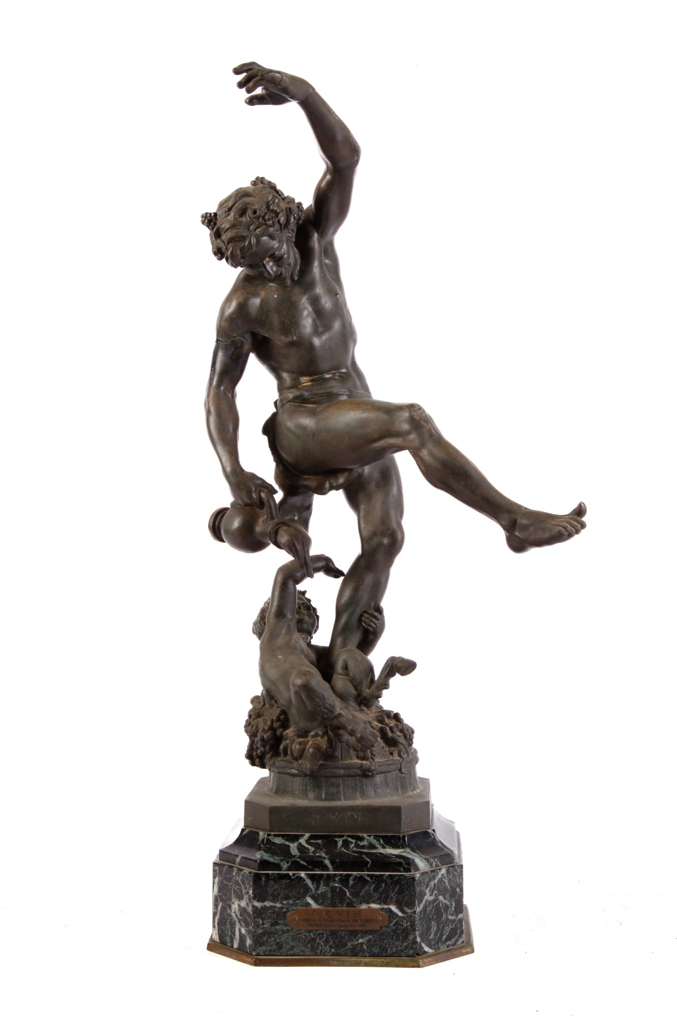 "LE VIN" after LOUIS HOLWECK (1861-1935): Patinated zinc allow. A.I. foundry. 23 inches (including marble base)