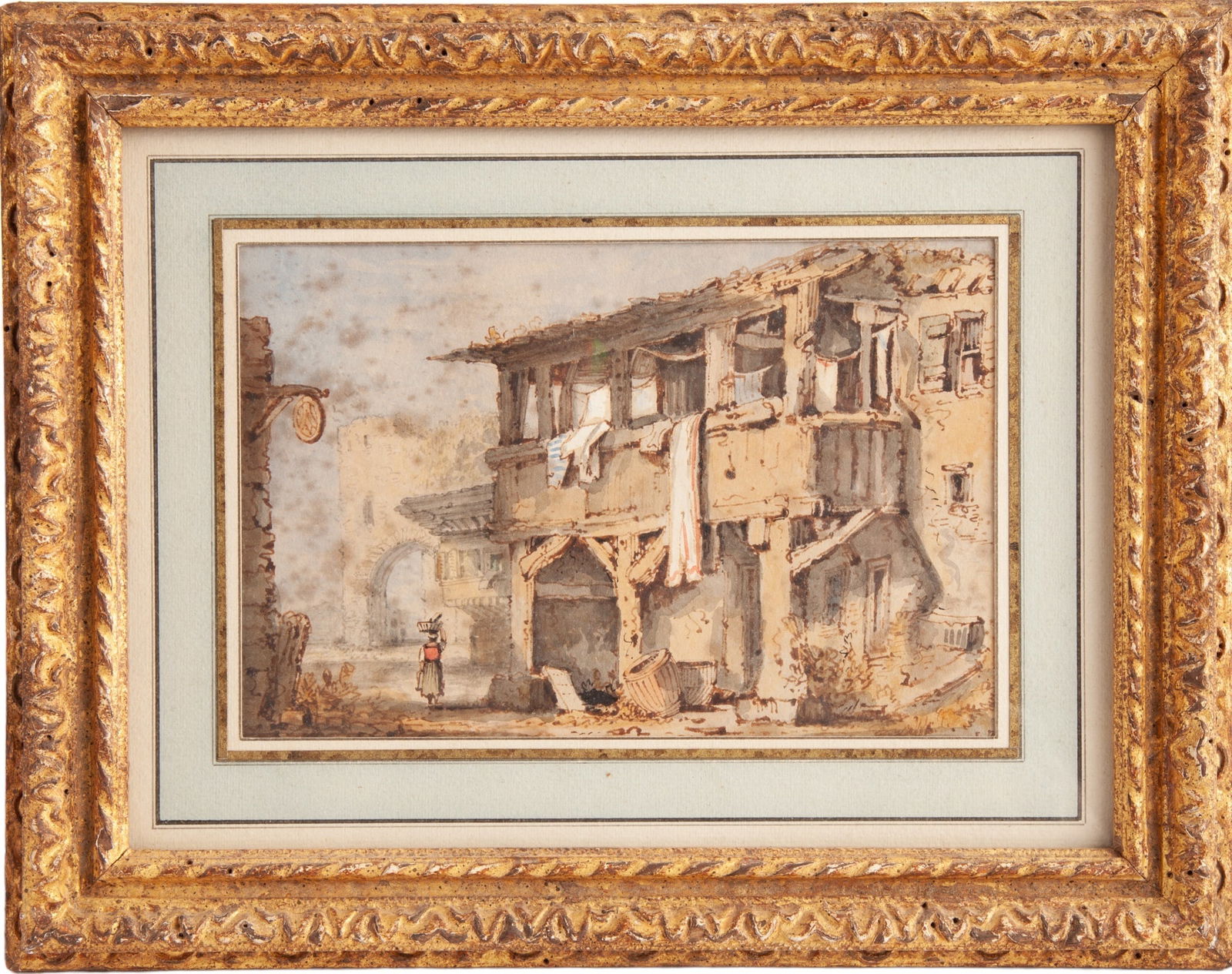 SAMUEL PROUT (1783-1852): "Townscape " gouache and pen and ink 5 1/4 x 7 3/4 inches. unsigned Davis Galleries label verso. custom gilt frame 10 x 12 1/2 inches