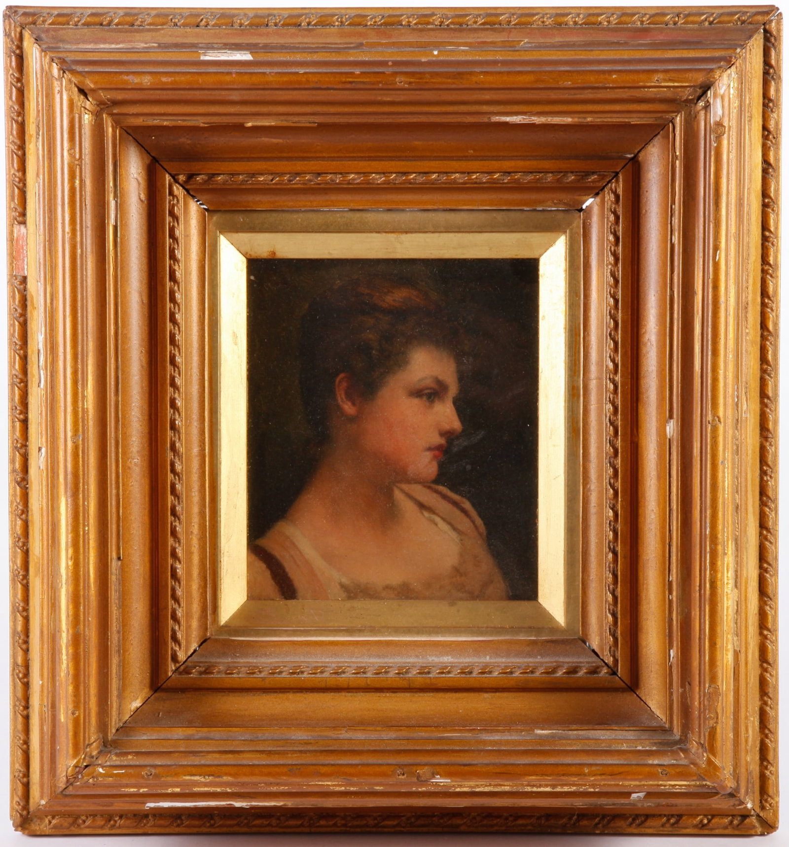 SIR JAMES DROMGOLE LINTON (1840-1916): "Portrait of a Young Woman" oil on panel 6 3/4 x 6 inches signed verso framed 14 3/4 x 13 3/4 inches