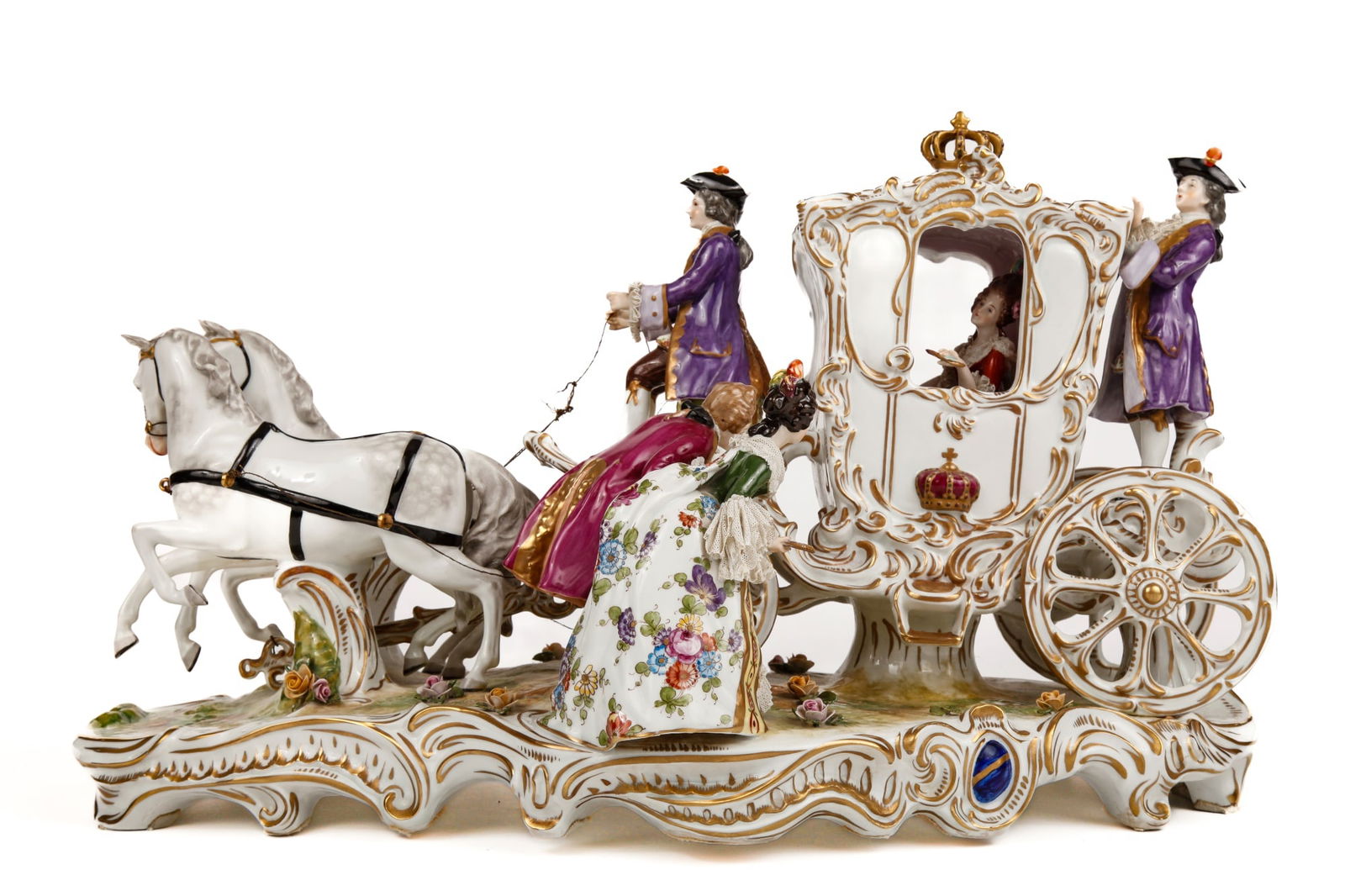 PORCELAIN ROYAL COACHING FIGURE GROUP: Signed. 13 x 21x 11 inches