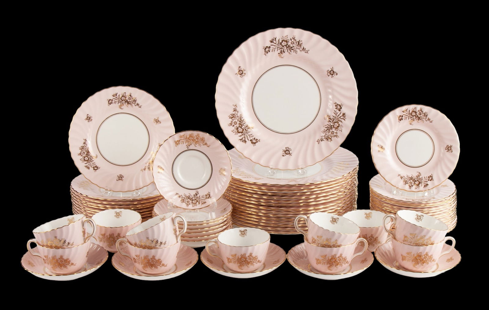 SET of MINTON "MINUET" BONE CHINA: Including: (16) Dinner plates, (11) salad plates, (16) bread plates, (11) cups and (12) saucers