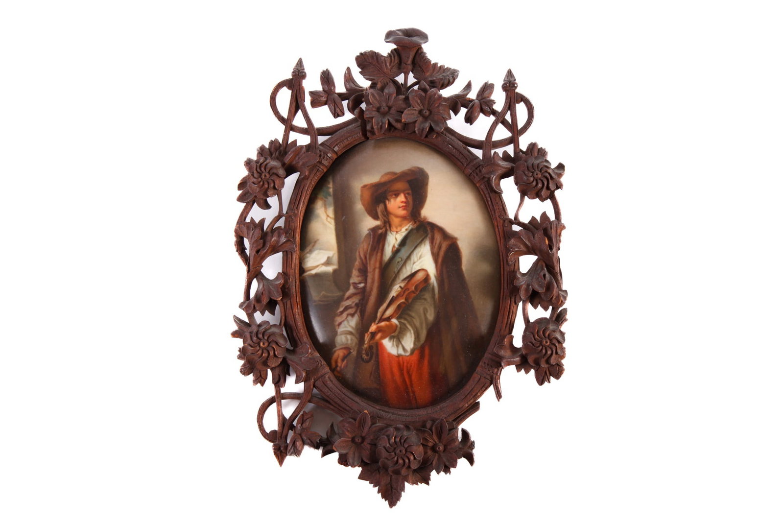 (19th c) HAND PAINTED PORCELAIN PLAQUE: Painted with a street musician in carved wood framed. Plaque 6 1/2" tall, frame 11 1/2" tall