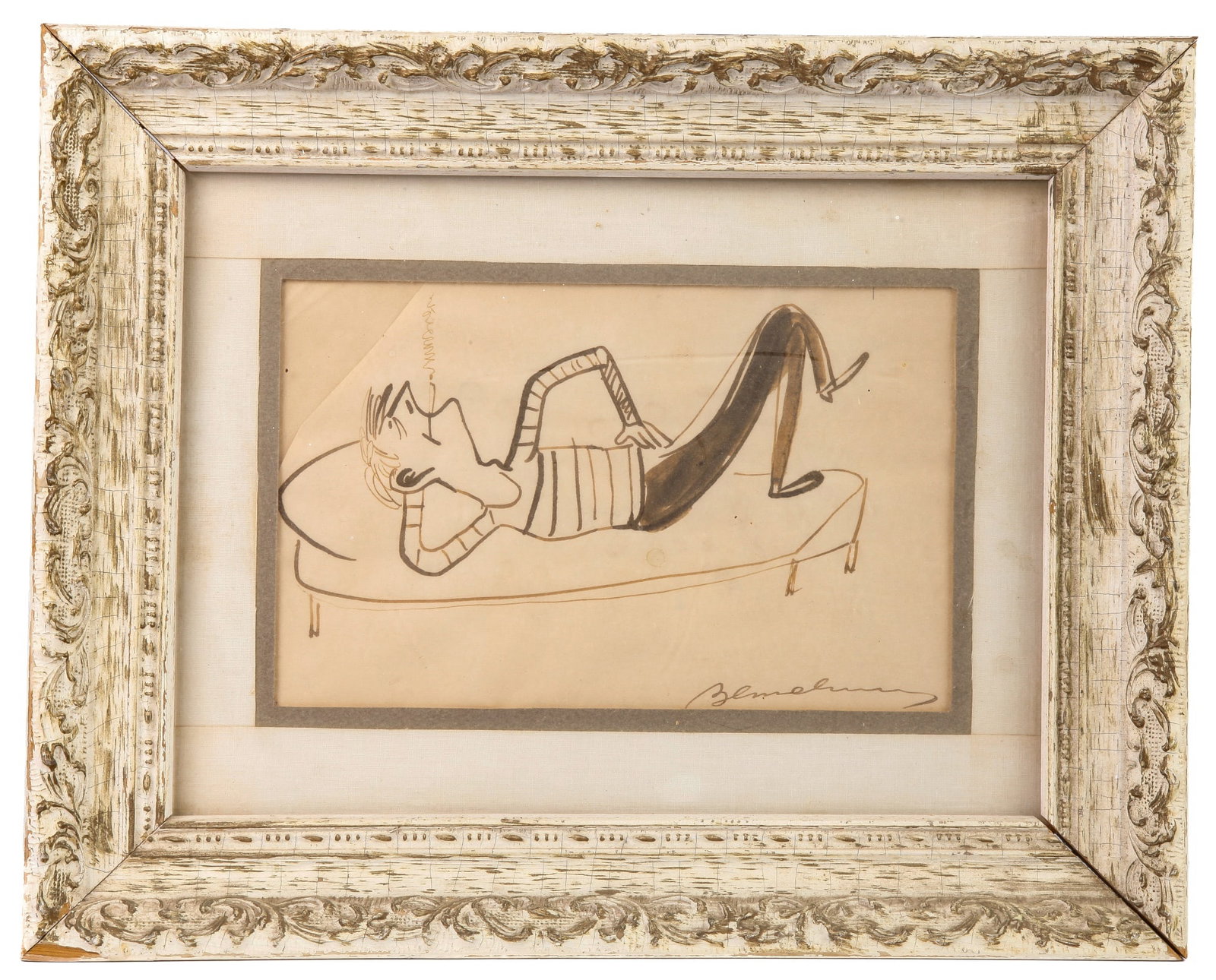 LUDWIG BEMELMANS (1898-1962): "Relaxing Beatnik" ink and ink wash on paper 5 3/4 x 9 inches. signed. framed 12 x 15 1/2 inches (overall)