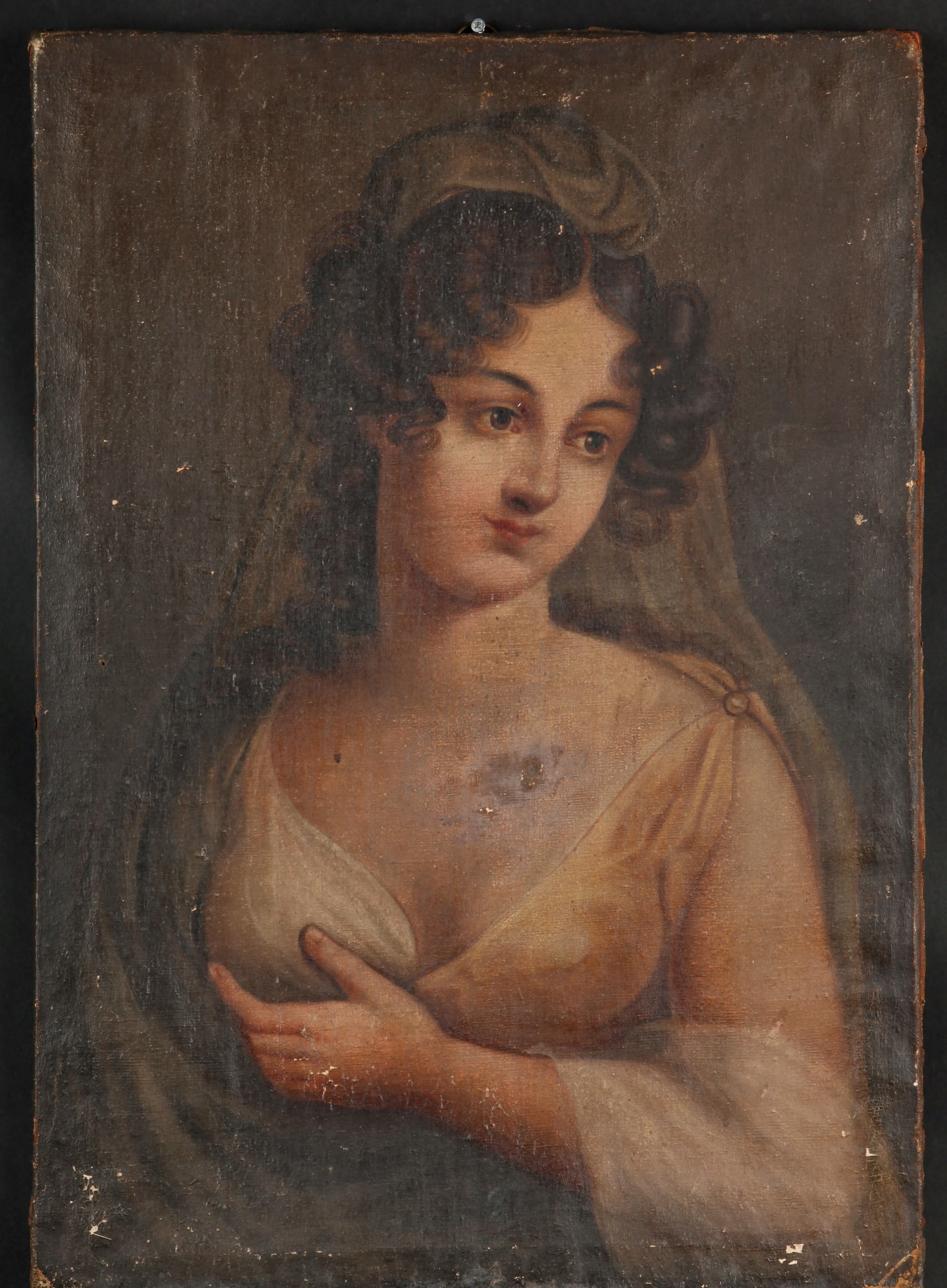 POSSIBLY OHIO ARTIST SYLVESTER GENIN (1822-1850): "Portrait of a Young Woman" oil on canvas 29 1/2 x 20 inches
