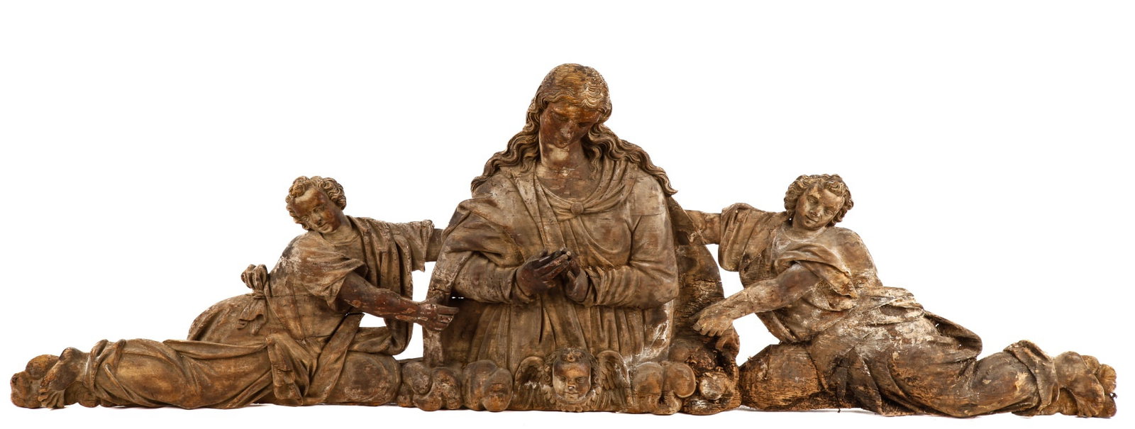MASTERPIECE (16/17th c) CARVED FRAGMENT: Carved wooden pensive Mary with steepled hands is flanked by attendants. 27 x 86 x 5 inches