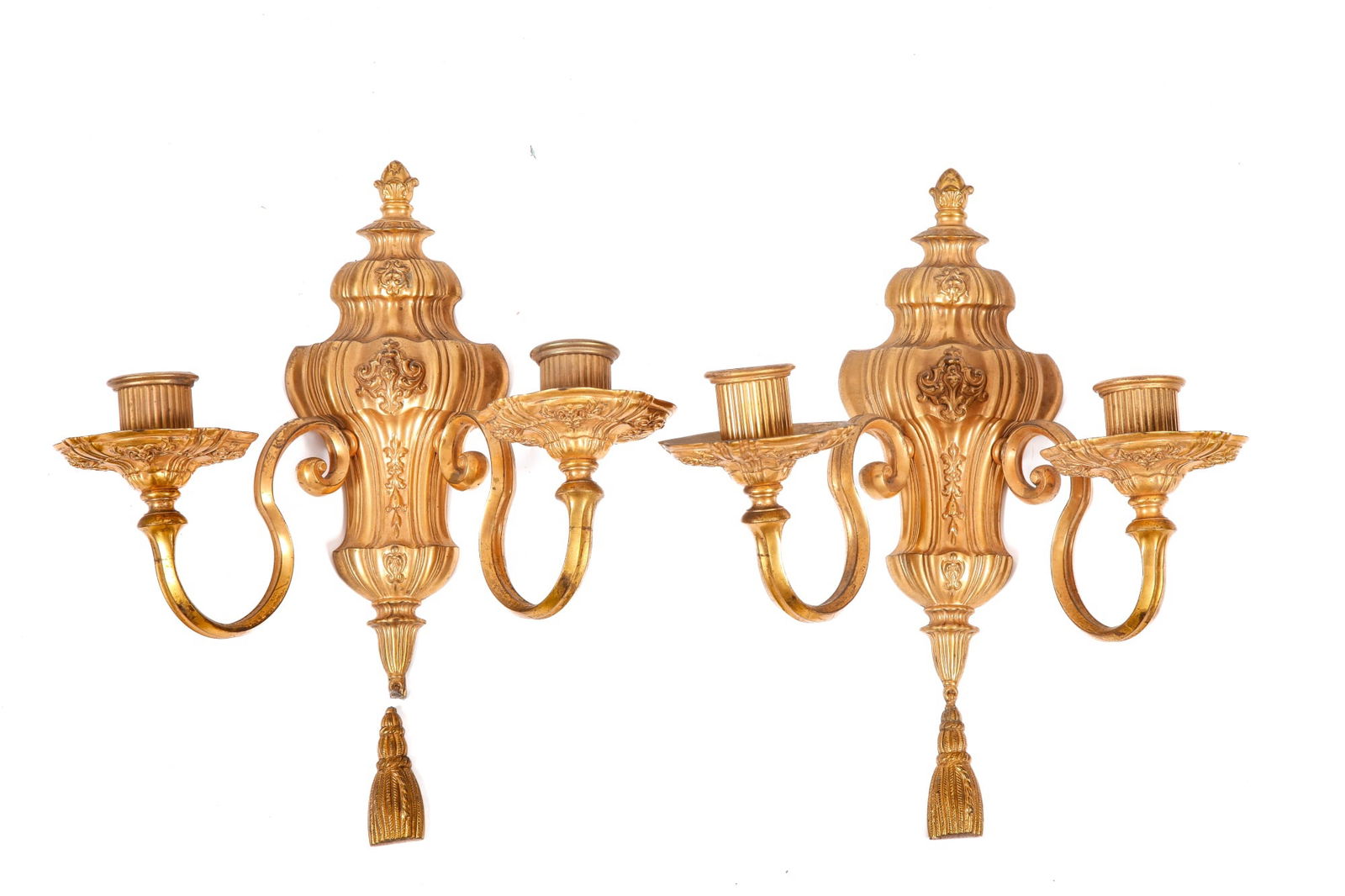 PAIR of DOUBLE ARMED GILT BRONZE WALL SCONCES (1 of 5)