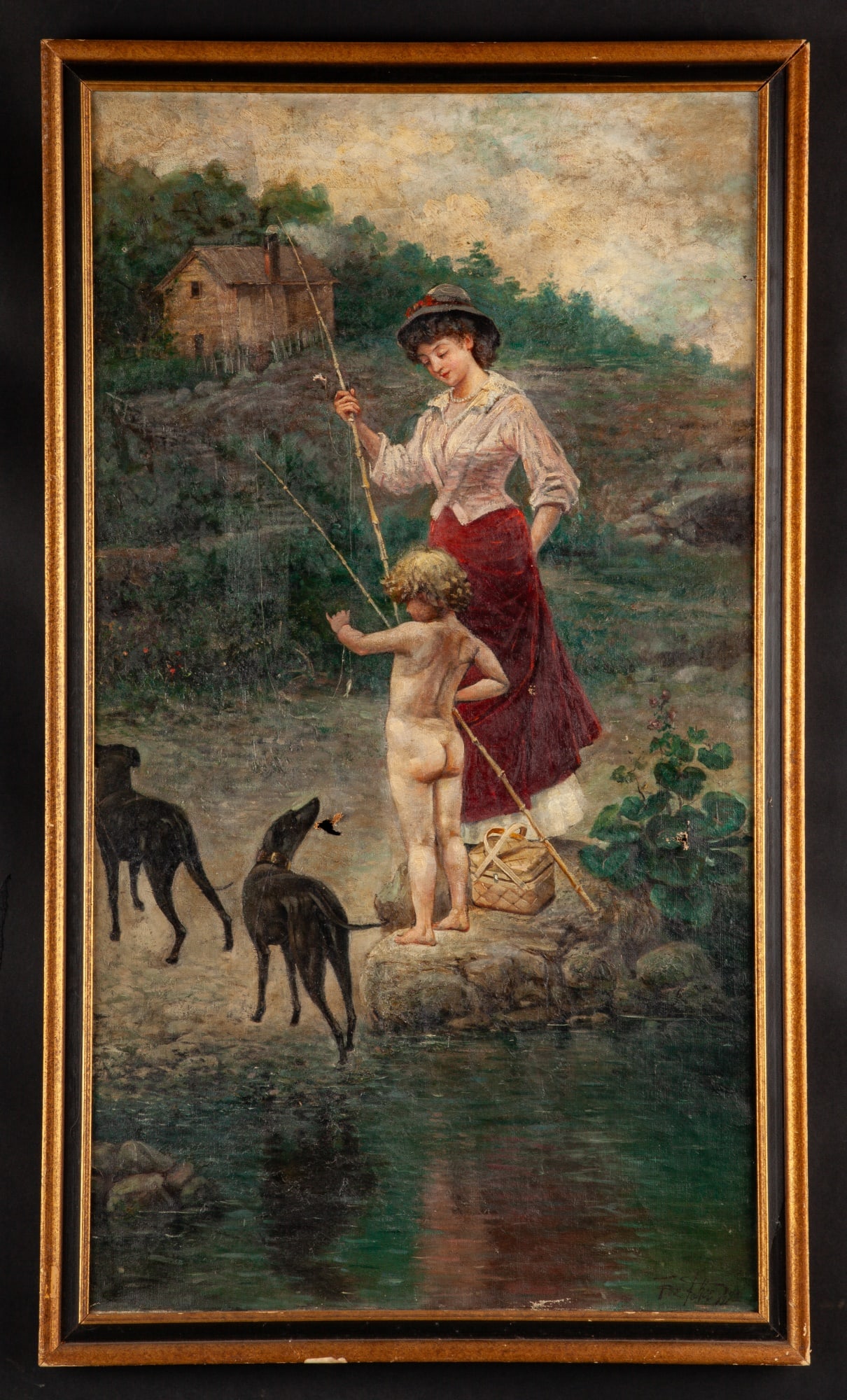 ITALIAN GENRE PAINTING (19th c): "Mother and Son Fishing" oil on canvas 36 x 20 inches. signed Foe ? Felice 1892 lower right. framed 38 x 22 inches (overall)