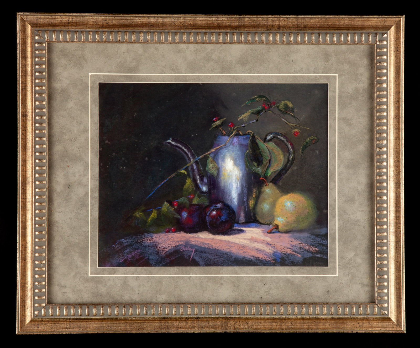 STILL LIFE / AMERICAN SCHOOL (20th c): "Still Life with Fruit" pastel 11 x 13 1/2 inches. signed Bulay ? framed 19 x 23 inches (overall)