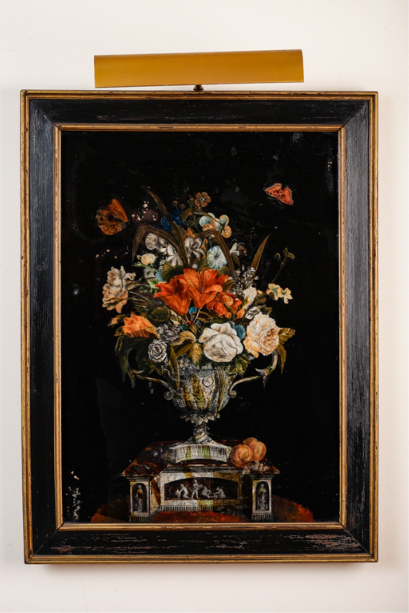 EARLY REVERSE GLASS PAINTED STILL LIFE w FLOWERS (1 of 15)