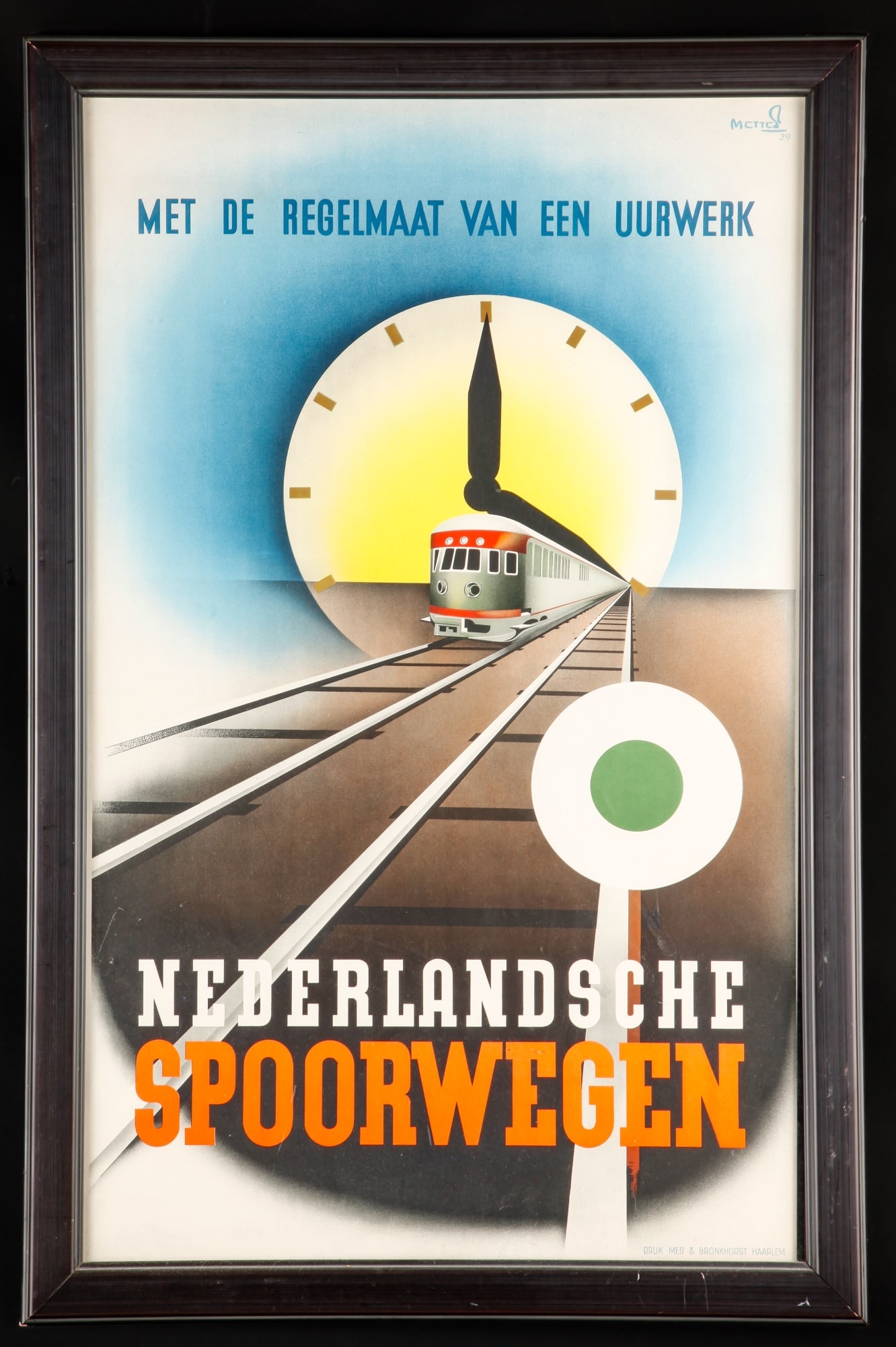 DUTCH RAILWAYS / WITH THE REGULARITY OF CLOCKWORK: Frans Mettes (1909-1984) lithograph by Mes & Bronkhorst Haarlem, 1938