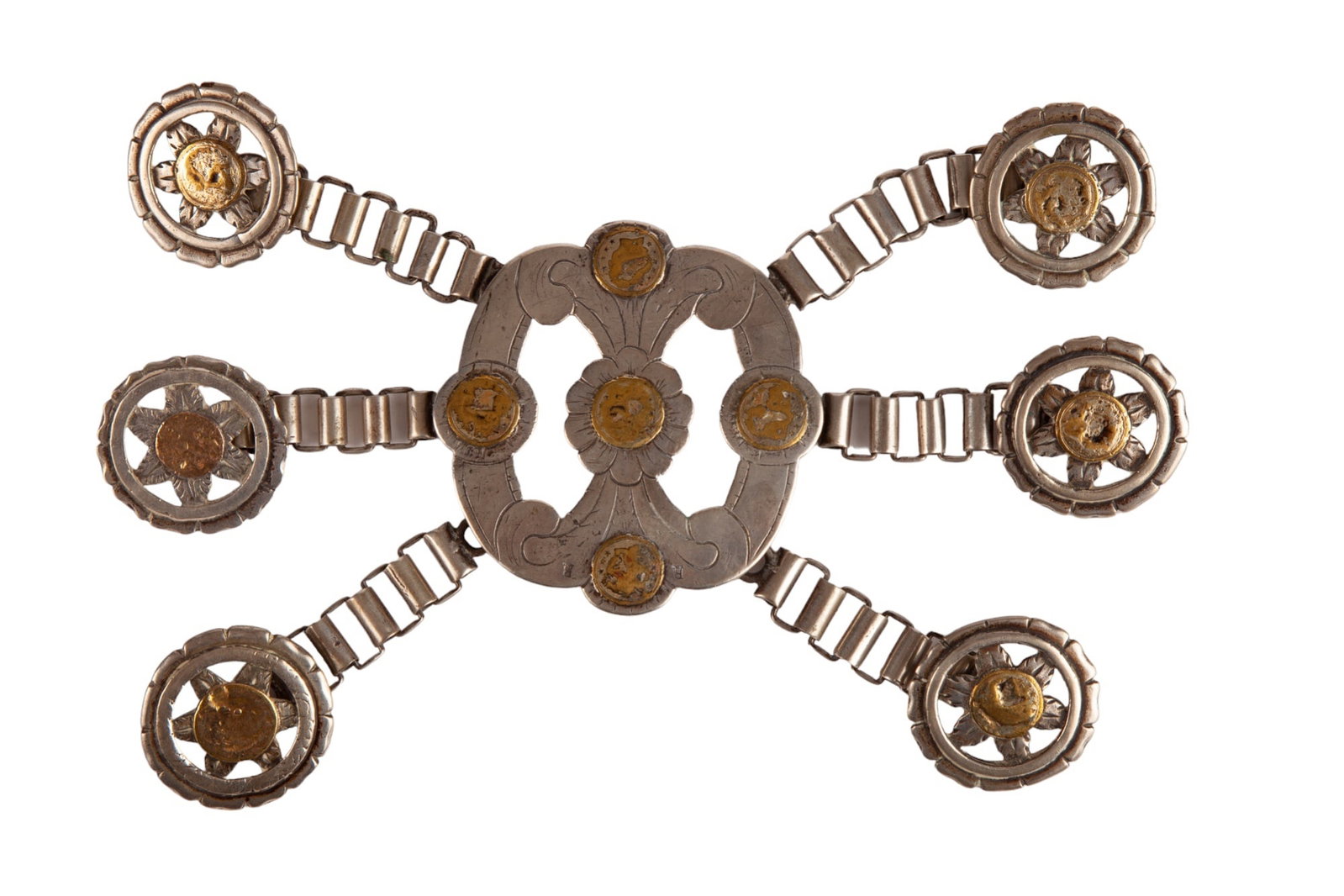 (19th c) SILVER with GOLD GAUCHO BELT BUCKLE: Signed R.R. otherwise unmarked. 3 1/2 x 9 inches. 8.1 troy ounces