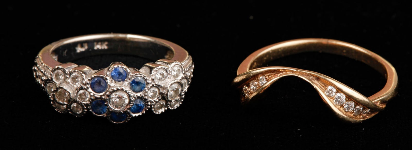 (2)14k GOLD RINGS set with DIAMONDS & SAPPHIRES: White gold diamonds and sapphires size 5 is 3.5dwt Yellow gold example with diamonds size 8 1/4 is 1.8 dwt. (5.4dwt total weight)