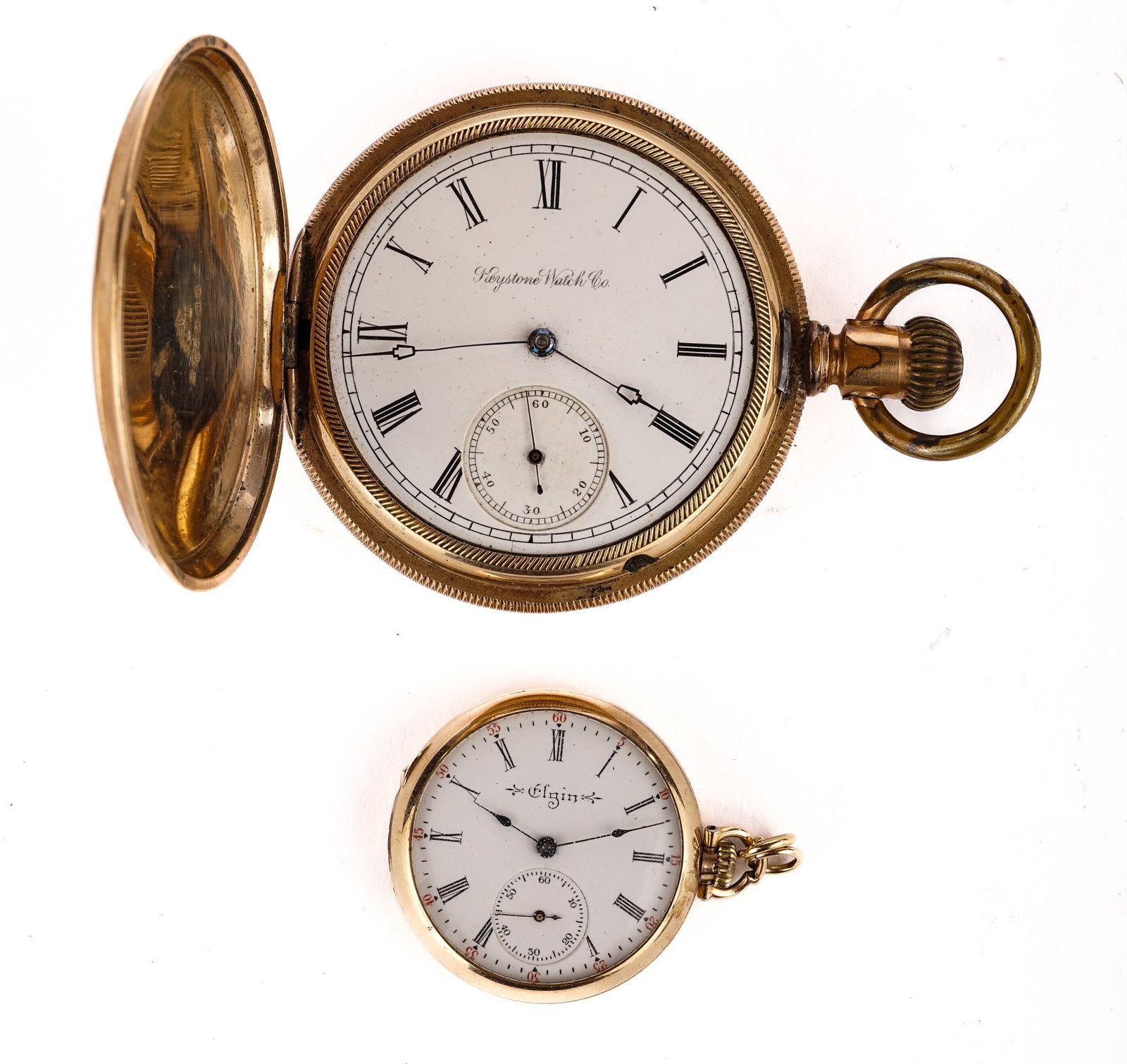 GOLD FILLED POCKET WATCH and PENDANT WATCH: Elgin is a pendant watch. Keystone pocket watch is missing crystal.
