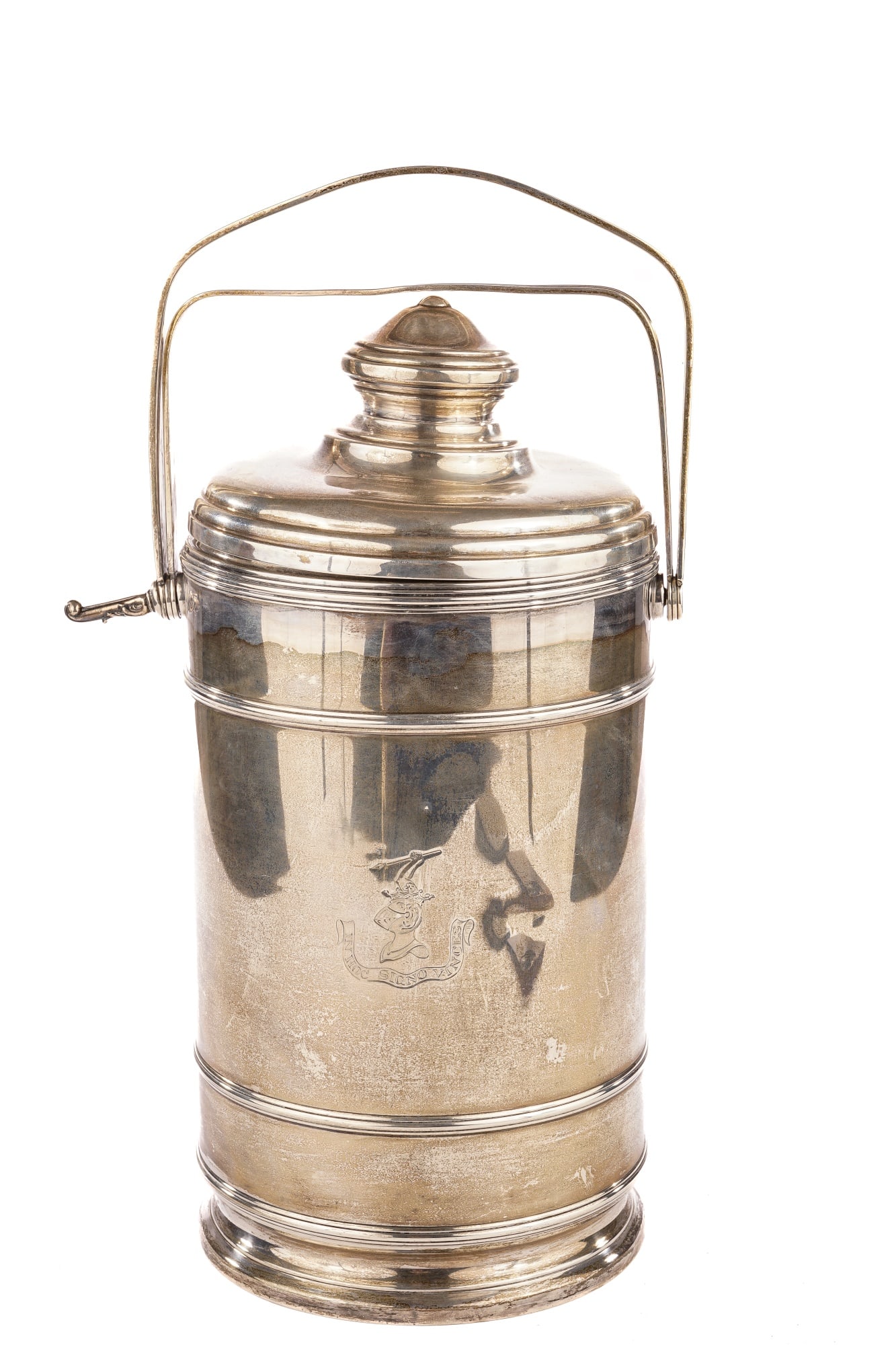 CARTIER STERLING SILVER TRAVEL WINE COOLER: Pyrex glass insert. 13 1/2 inches with handles extended.