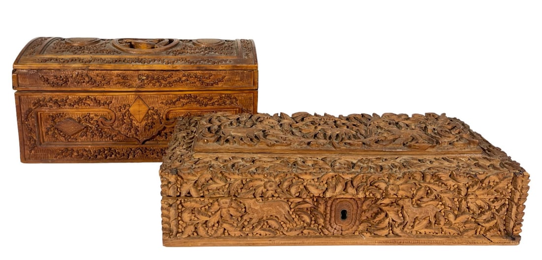 (2) ASIAN WOODEN BOXES CARVED IN RELIEF (1 of 9)