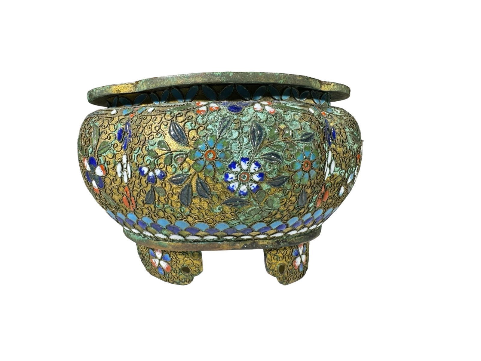 CHINESE ENAMELED BRONZE POT: White crane in flight amongst flowers. 3 1/4 x 5 x 4 inches