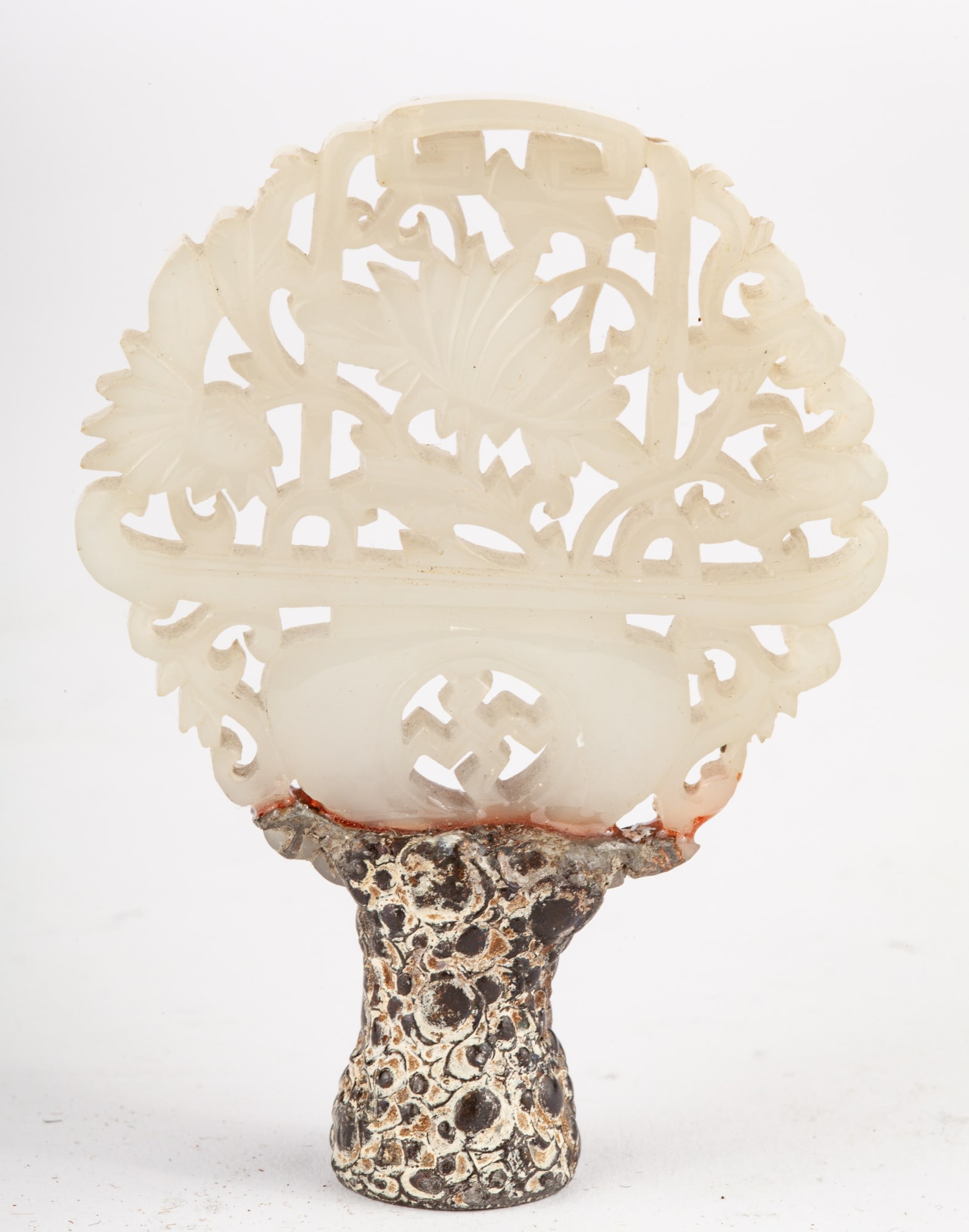 CHINESE WHITE JADE PLAQUE: Carved and pierced with flora, scrolls and geometric symbols. 2 1/8 x 2 1/8 inches (not including hardware)