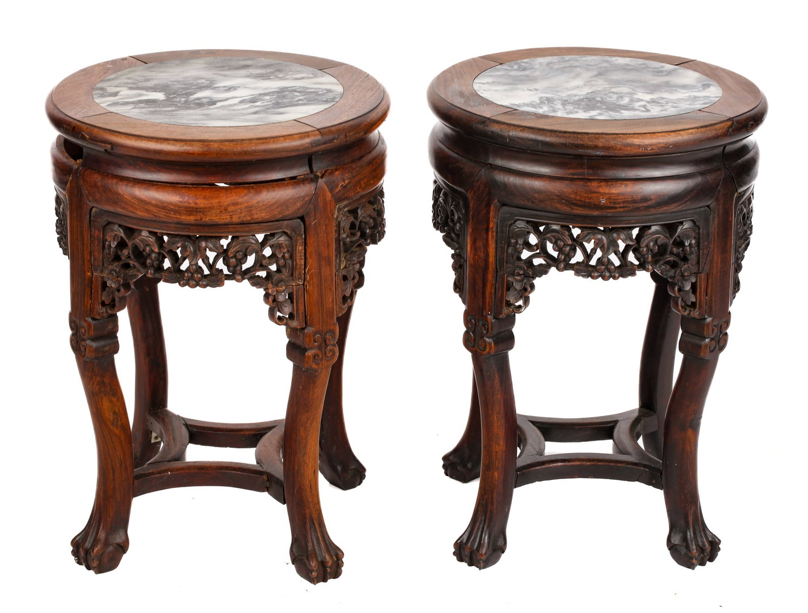 PAIR of CHINESE CARVED WOOD MARBLE TOP STAND: 20th c. 20 1/2" tall