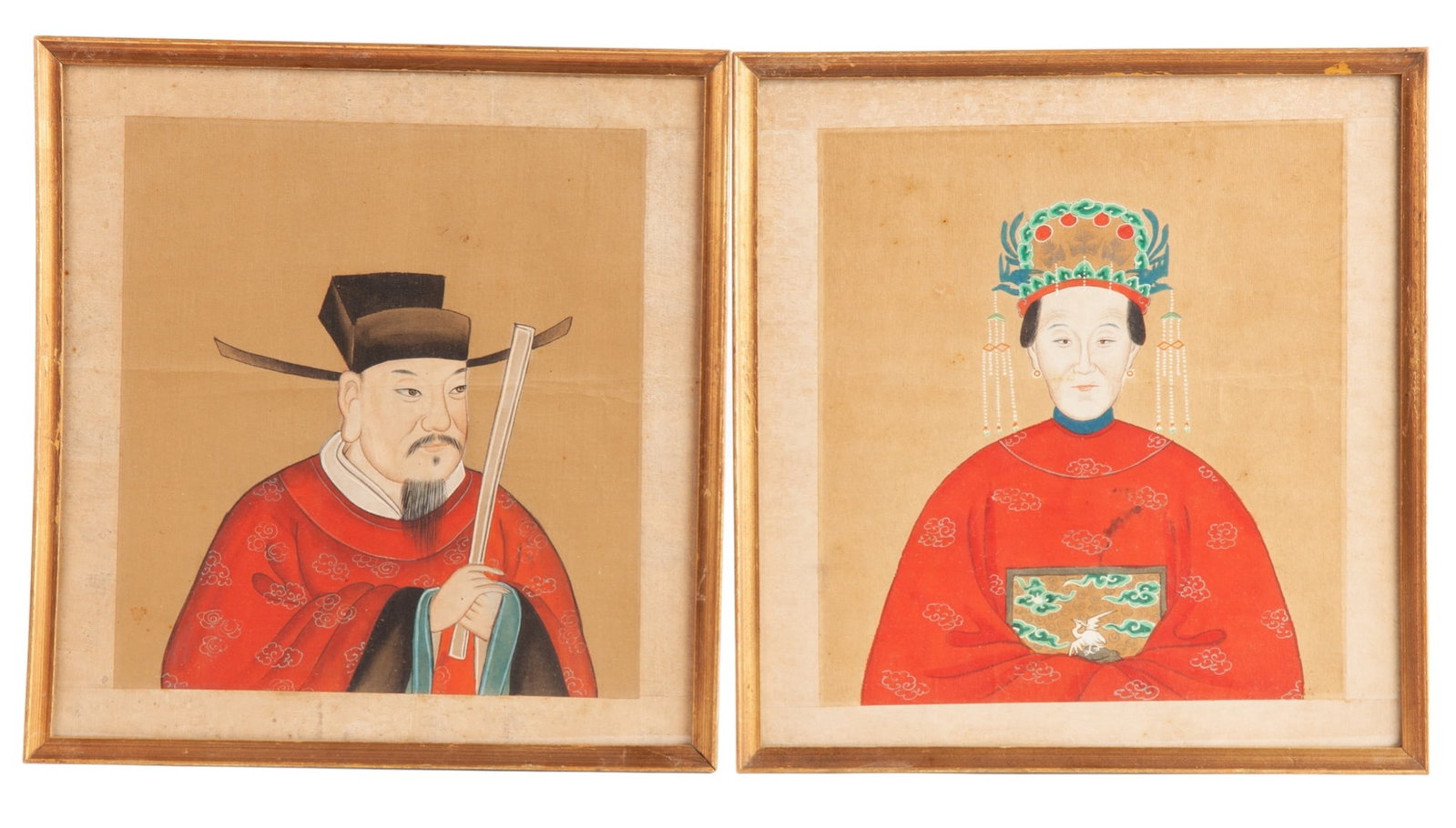 PAIR of (Late 19th c) CHINESE ANCESTRAL PAINTINGS: Framed under glass. Frames 13" across