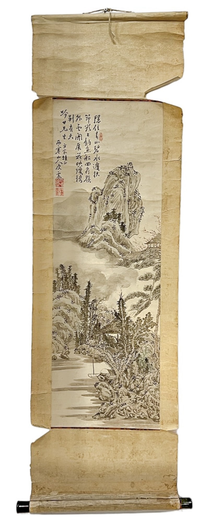 CHINESE SCROLL PAINTING: Early 20th c. Painting on paper of mountainous landscape with writing and (2) seals in upper left. Scroll measures 49 1/2" long.