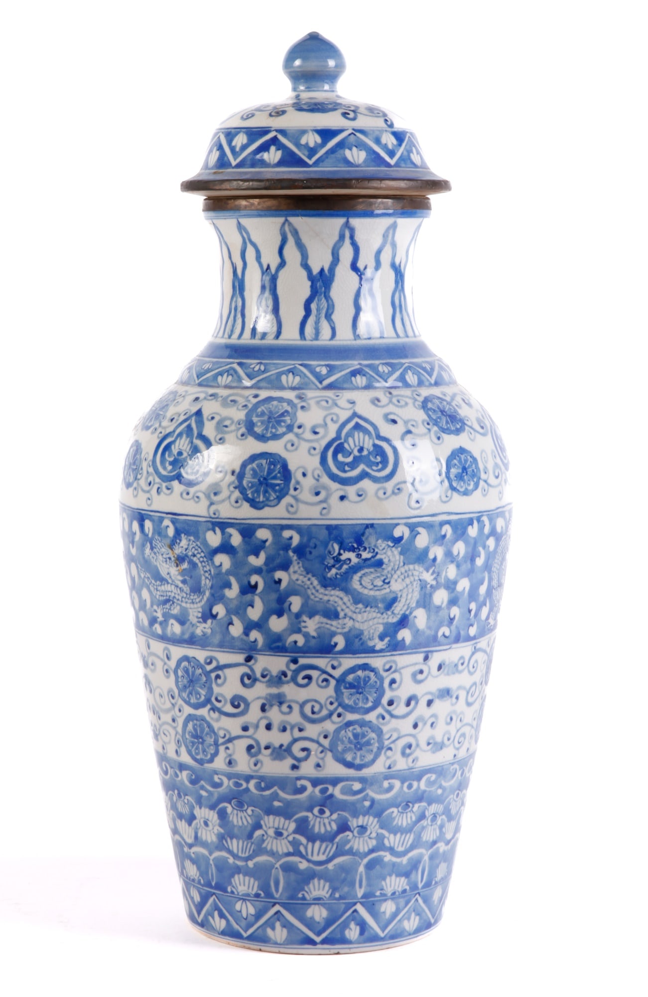 SIGNED JAPANESE BLUE & WHITE COVERED VASE: Hand painted with bands of dragons and scroll work. 19" in height to top of cover