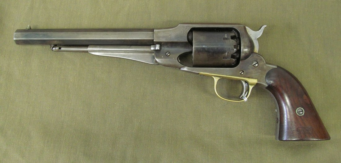 REMINGTON NEW MODEL 1858 44: sn 21040, cartouche on left handle grip. “W” mark on several locations, “P” mark.