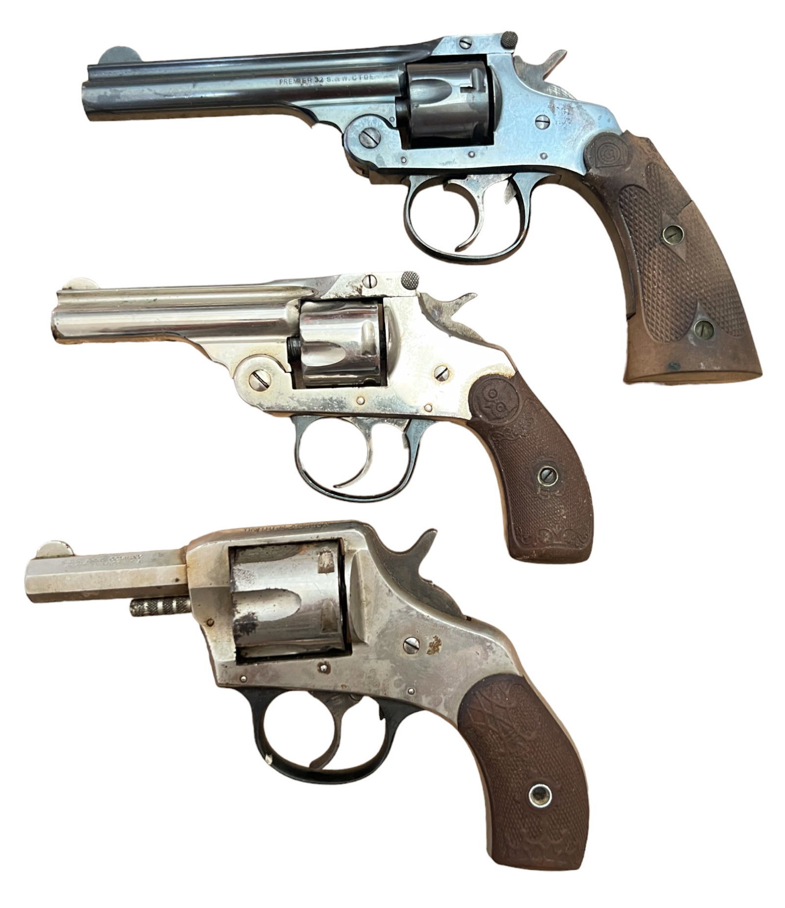 GROUP OF 3 MISCELLANEOUS PISTOLS: Premier 32 Harrington & Richardson Pat. 1895 (rust, cracked grip) NSN; Iver Johnson SN 1-7576 (rust on barrel); American Double Action H & R NSN