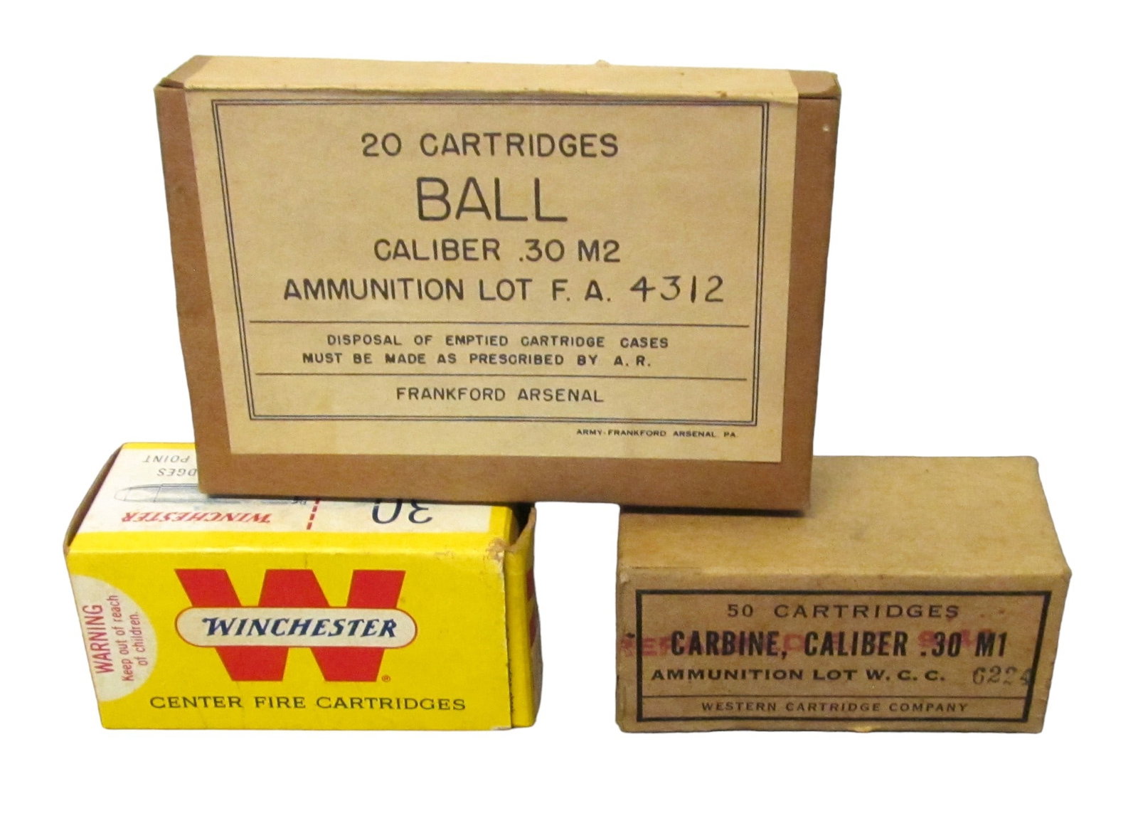 3 BOXES 30 CAL. CARTRIDGES INCLUDING WINCHESTER, F: and Western Cartridge.