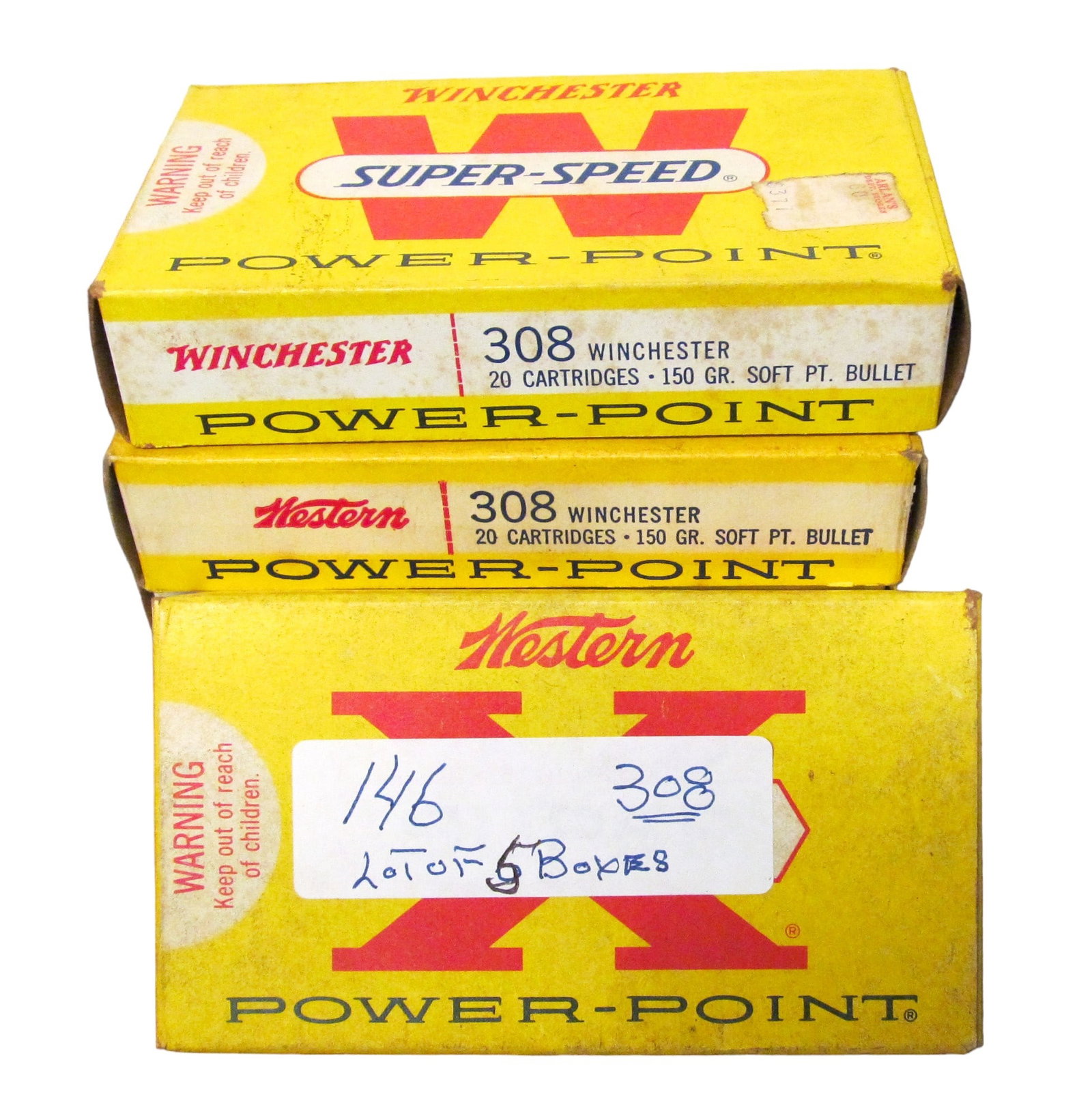 5 BOXES 308 WINCHESTER SUPER X WESTERN CARTRIDGES: 1 box NORMA; 150 grain.