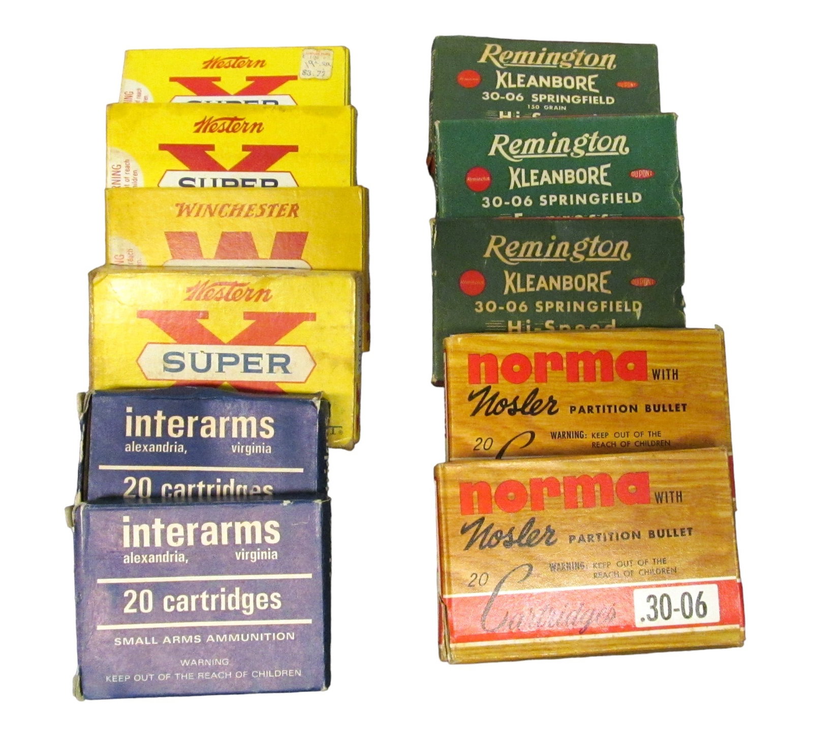 WESTERN, WINCHESTER, INTERARMS, REMINGTON and NORMA CARTRIDGES: 30-06 Cartridges. 2 boxes Interarms Target cartridges, 9 boxes of 150gr cartridges, 3 partial boxes 9 cartridges, 3 missing and 12 missing