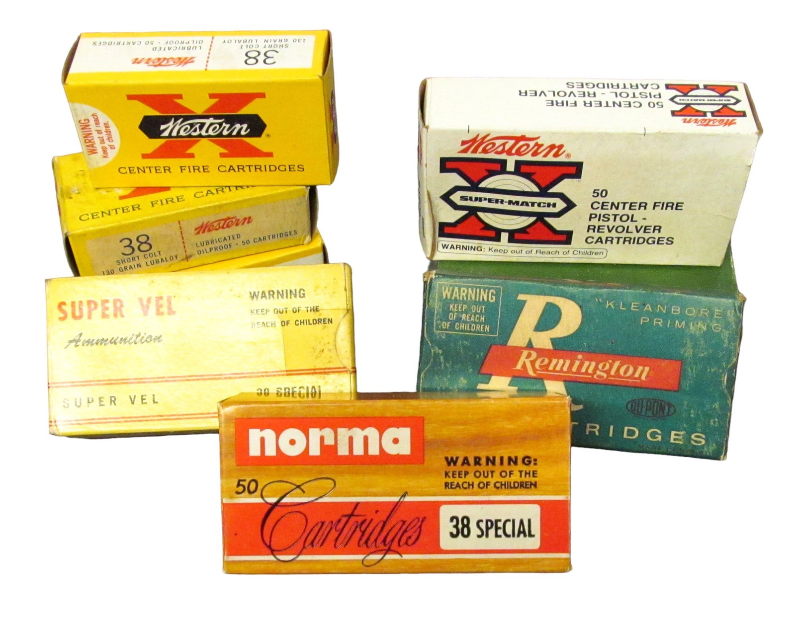 3 BOXES COLT 38 SHORT CARTRIDGES: 130 gr., 1 Box Remington 38 Special 148 gr. 1 Box Western 148 gr., Partial boxes of Remington 158 gr, NORMA 158 gr. SuperVal 110gr. (8 boxes in all)