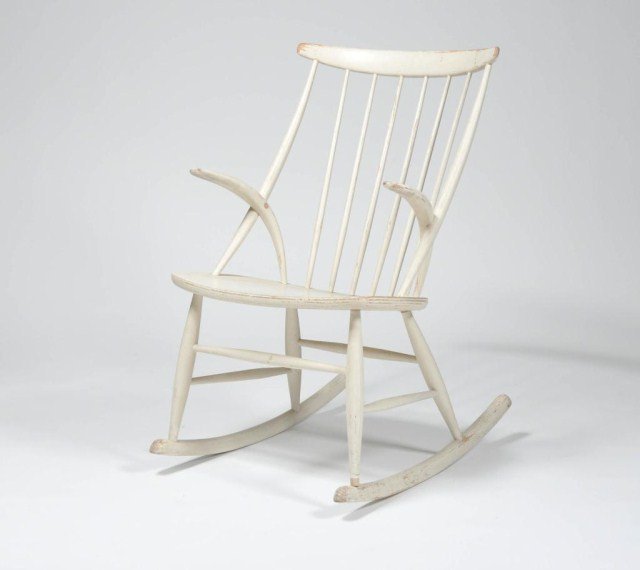 Mid century spindle back rocking chair: Mid century spindle back rocking chair in white paint, Danish Furniture Makers with paper label on underside